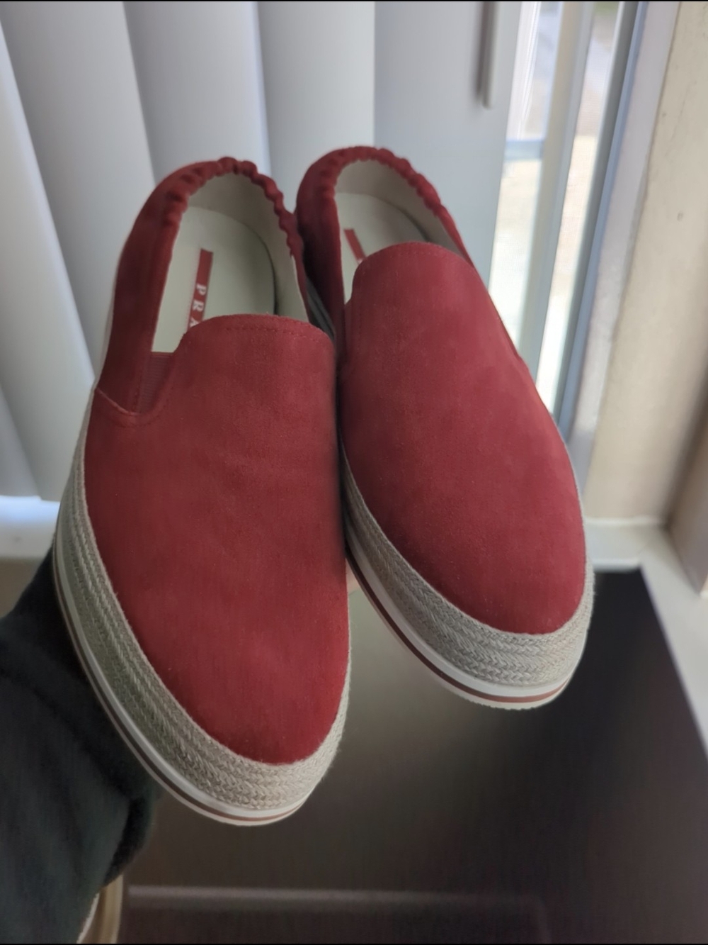 Prada Saint Tropez SuedeEspadrille Slip-On Sneakers in a burgundy or red color